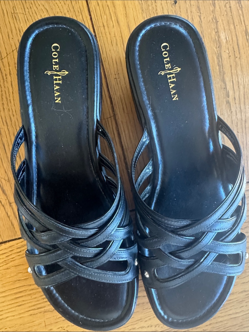 Cole Haan Black Leather Woven Slide Mules